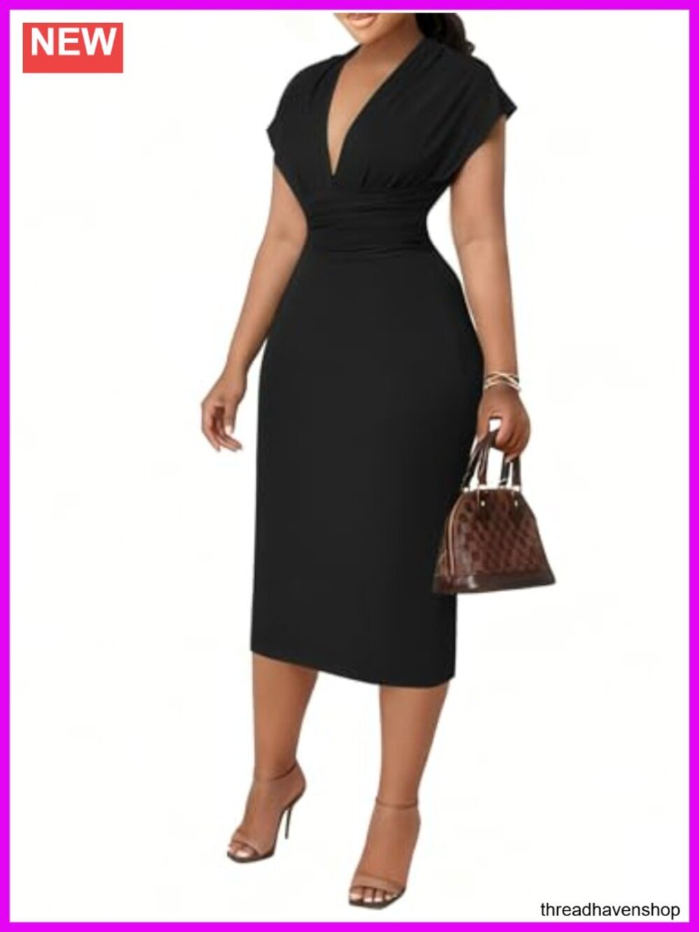Bodycon Midi Dress Deep V-Neck Cap Sleeve Ruched High Waist Stretchy Work Party